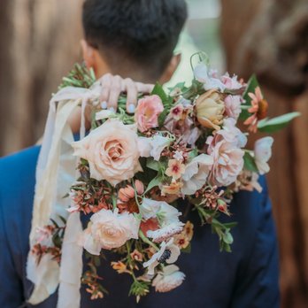 Ash + Oak - Bridal Bouquet: Romantic color pallet, blush, mauve, a tiny pop of yellow/blue - Florists Near Me