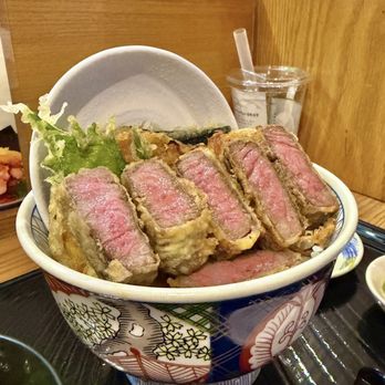 Chamon - A5 Wagyu steak tempura bowl-- with fried onions + egg, kabocha, nori, shiso tempura. Limited number of bowls daily - Japanese Near Me - Las Vegas, Nevada Chamon - A5 Wagyu steak tempura bowl-- with fried onions + egg, kabocha, nori, shiso tempura. Limited number of bowls daily - Japanese Near Me - Las Vegas, Nevada