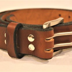 Custer Custom Leather Company - Brown work belt, with contrasting, nickel-plated double-prong buckle.