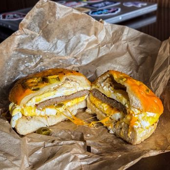 Bruegger's Bagels - Turkey Sausage Egg and Cheese on a Jalapeño Cheddar Bagel - Bagels Near Me - Fairlawn, Ohio