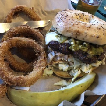 RelicRoad Brewing - Diablo Burger with a side of onion rings - Breweries Near Me - Winslow, Arizona RelicRoad Brewing - Diablo Burger with a side of onion rings - Breweries Near Me - Winslow, Arizona