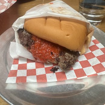 Lowboy - The Low Burger filled with lots of grilled onions and topped with red pepper jam - Cocktail Bars Near Me - Los Angeles, California