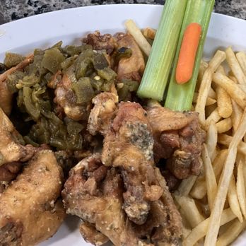 Wings Gone Wild - Green chili and garlic Parmesan wings with fries - New American Near Me - Albuquerque, New Mexico