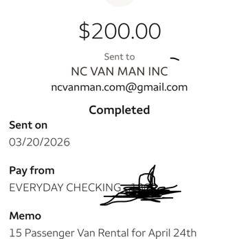 Nc Van Man Rental - A receipt - Car Rental Near Me - Raleigh, North Carolina