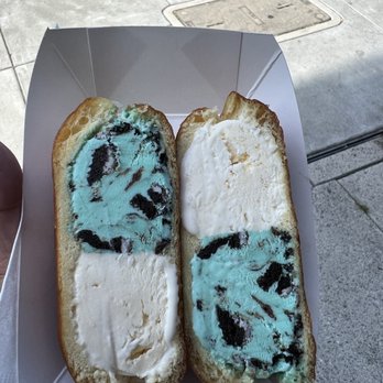 Milkbomb Ice Cream - Coconut ice cream and aqua dream ice cream in a glazed donut. - Ice Cream & Frozen Yogurt Near Me - Berkeley, California Milkbomb Ice Cream - Coconut ice cream and aqua dream ice cream in a glazed donut. - Ice Cream & Frozen Yogurt Near Me - Berkeley, California