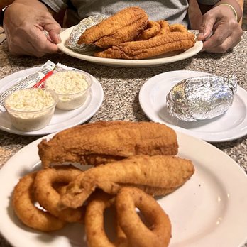 Mayflower XVI Seafood Restaurant - Fried Flounder, baked potato & hush puppies - Seafood Near Me - Durham, North Carolina
