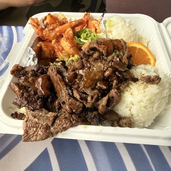 Island Rootz Cafe by Aunty Mailes - Beef teriyaki and Garlic Shrimp Plate - Hawaiian Near Me - Gardena, California Island Rootz Cafe by Aunty Mailes - Beef teriyaki and Garlic Shrimp Plate - Hawaiian Near Me - Gardena, California