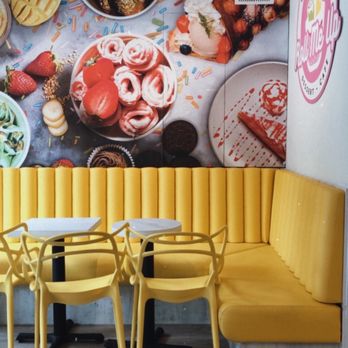 Roll Me Up Ice Cream & Desserts - Cute decor with a pop of yellow bench. - Ice Cream & Frozen Yogurt Near Me - Markham, Ontario Roll Me Up Ice Cream & Desserts - Cute decor with a pop of yellow bench. - Ice Cream & Frozen Yogurt Near Me - Markham, Ontario
