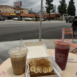 salted caramel latte, berry booster smoothie, banana toast salted caramel latte, berry booster smoothie, banana toast