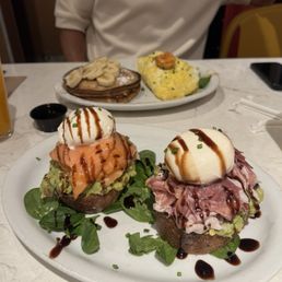 pancakes, toast with prosciutto and smoked salmon and omelette with shrimps pancakes, toast with prosciutto and smoked salmon and omelette with shrimps