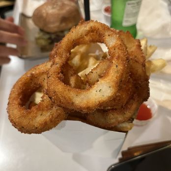 Burger Lounge - Half & Half (onion rings & fries) friend ordered, think they liked it. - Burgers Near Me - Campbell, California