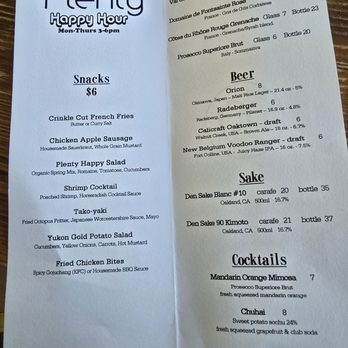 Plenty - Current happy hour menu 7/2/25 - Coffee & Tea Near Me - Oakland, California
