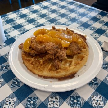 Julia Belle's - Chicken n' Waffles with peaches - Southern Near Me - Florence, South Carolina Julia Belle's - Chicken n' Waffles with peaches - Southern Near Me - Florence, South Carolina