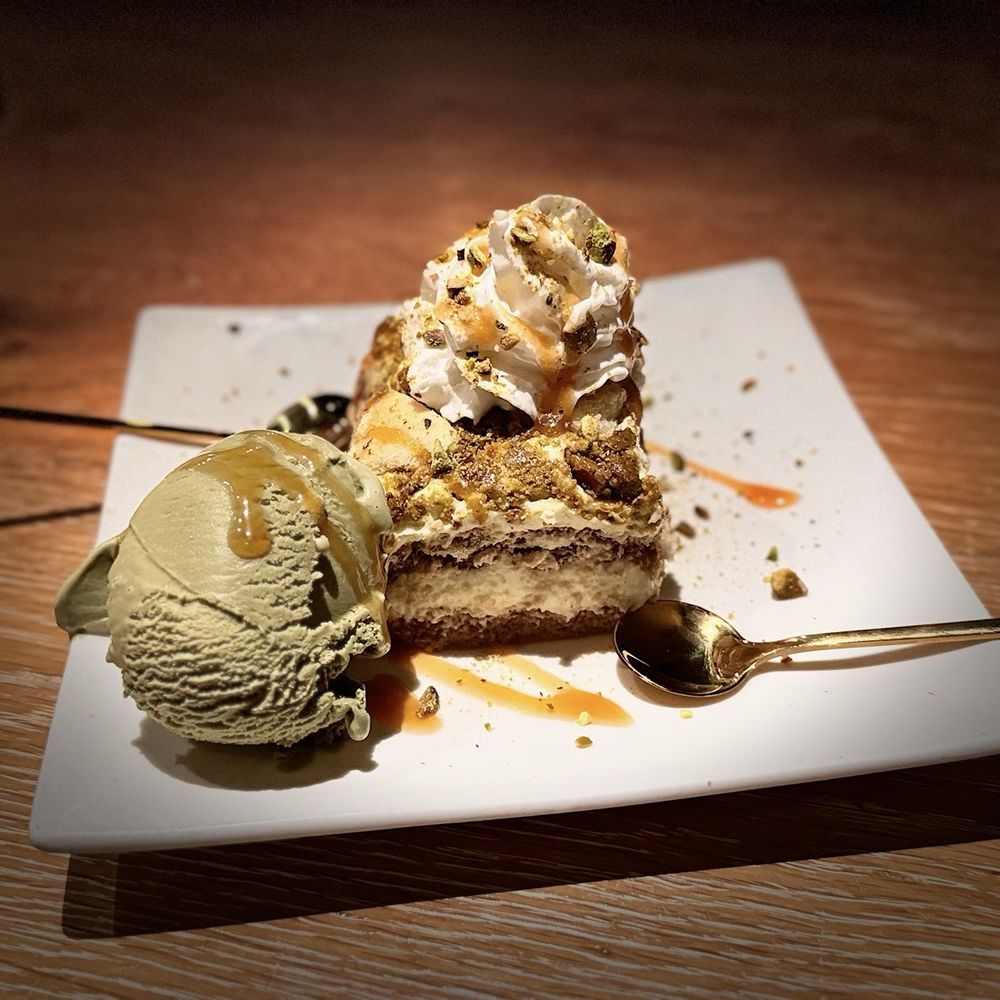 SHIMA Sushi & Champagne - Pistachio tiramisu with green tea ice cream. - Sushi Bars Near Me - Islamorada, Florida SHIMA Sushi & Champagne - Pistachio tiramisu with green tea ice cream. - Sushi Bars Near Me - Islamorada, Florida