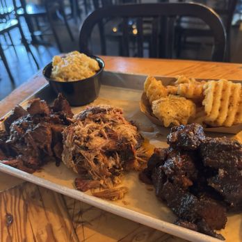 Sauced BBQ & Spirits - 3 Meat Combo with brisket burnt ends, pork belly burnt ends, mac and cheese, and waffle fries with house rub - Barbeque Near Me - Walnut Creek, California Sauced BBQ & Spirits - 3 Meat Combo with brisket burnt ends, pork belly burnt ends, mac and cheese, and waffle fries with house rub - Barbeque Near Me - Walnut Creek, California