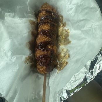 Kokee Kitchen - Half cheese and half sausage corn dog with soy and garlic sauce - Korean Near Me - Springfield, Virginia