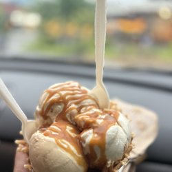 Study (Buttercream Birthday Cake, Biscuits with the Boss, Gooey Butter Cake, and Salty Caramel) with caramel drizzle in a waffle bowl