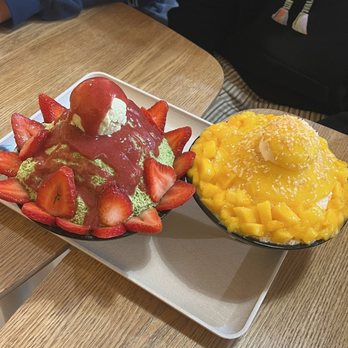 Heybings - Mango Paradise (right) Matcha * Strawberry (left) - Desserts Near Me - Costa Mesa, California Heybings - Mango Paradise (right) Matcha * Strawberry (left) - Desserts Near Me - Costa Mesa, California