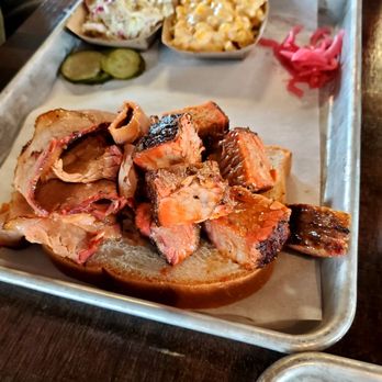 Sierra BBQ - Burnt ends and one meat plater with 2 sides. Sides: slaw and cheesy corn - Barbeque Near Me - Lenexa, Kansas