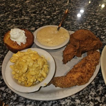 Lo-Lo's Chicken & Waffles - Chicken and Catfish platter with macaroni and cheese grits. - Southern Near Me - Grapevine, Texas