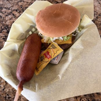 Peach Pit - Corn dog and single cheeseburger - Burgers Near Me - Fresno, California