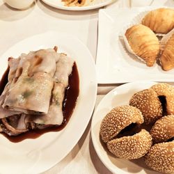 Golden Sand Harbor - Rice noodle with BBQ pork, durian puff, sesame seed ball