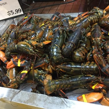 H Mart - Niles - Crayfish - A seafood market display features a large quantity of live lobsters with dark shells, orange claws, and antennae, arranged in a metal container. The lobsters are tagged with yellow bands on their claws. A sign indicates the price as $5.99 per pound for fresh lobster. The background shows a tiled floor and some seafood items, suggesting an indoor market setting. - Grocery Near Me - Niles, Illinois