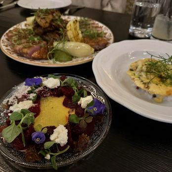 Forsythia - Beets dish, scallop on right , duck in back - Modern European Near Me - Philadelphia, Pennsylvania