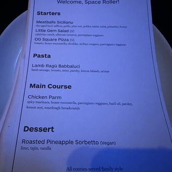 Superfrico - Space roller course menu, they forgot about my gluten free pescatarian request completely - Italian Near Me - Las Vegas, Nevada