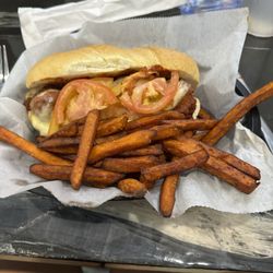 Galaxy's Bar and Grill - Meatball sub with provolone, good amount of marinara, and sweet potato fries.  Added tomatoes at my request.