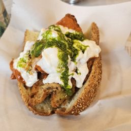 Huge calabrese chicken cutlet sandwich with stracciatella, vodka sauce and pesto! Huge calabrese chicken cutlet sandwich with stracciatella, vodka sauce and pesto!