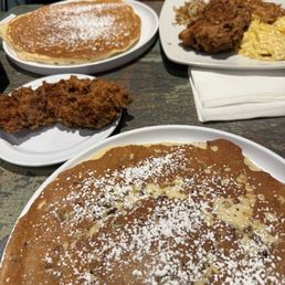 Fried Chicken One Huge Pancake (with pecans)  Scrambled Eggs Hash Browns