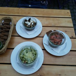 Dips with bread basket - Parsley almond pesto  Braised aubergine & zucchini   Homemade swabian noodles  Slade of fennel and cucumber