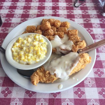 Hiway 77 Cafe - Chicken fired chicken with tater tots and cream corn for the sides. - Soup Near Me - Rosebud, Texas
