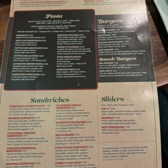 Giuseppe's Bar & Grille - Dinner menu: specialties, pastas, burgers, and sandwiches - Italian Near Me - Henderson, Nevada
