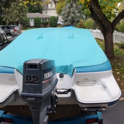 Boat Covers and Canvas Repairs By Barbara - Custom curve fit in front motor inset