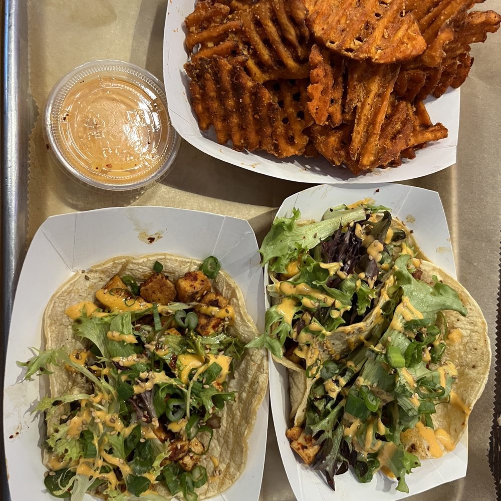 Tofu tacos, sweet potato fries