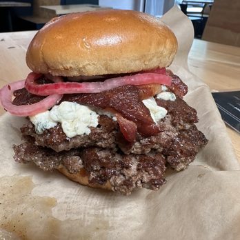 Bo & Vine Burger - Double blue cheese burger with pickled onions, jalapeños and bacon. - Burgers Near Me - Eugene, Oregon
