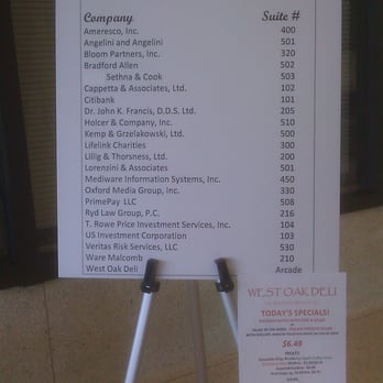 West Oak Deli - This is the tenant directory / West Oak Deli Daily Specials sign in the lobby. - Delis Near Me - Oak Brook, Illinois West Oak Deli - This is the tenant directory / West Oak Deli Daily Specials sign in the lobby. - Delis Near Me - Oak Brook, Illinois