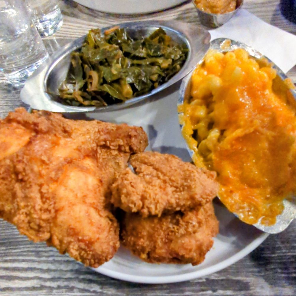 Chicken, collard greens, Mac and cheese dinner. Chicken, collard greens, Mac and cheese dinner.