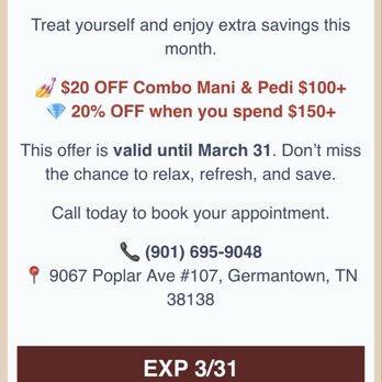 Germantown Nails Spa - Promotion. The one on the front door matches it. - Nail Salons Near Me - Germantown, Tennessee