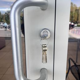 Exterior outside entrance of Locksmith on Duty - New commercial restricted type lock cylinder installed Exterior outside entrance of Locksmith on Duty - New commercial restricted type lock cylinder installed