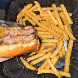 Bodega Market - Double cheeseburger medium - well plain with cheese and french fries combo.