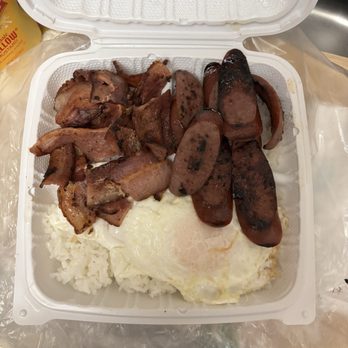 Lee's Breakfast - Bacon and some kind of sausage (not Portuguese). Supposed to be bacon and Portuguese sausage. - Food Trucks Near Me - Waipahu, Hawaii