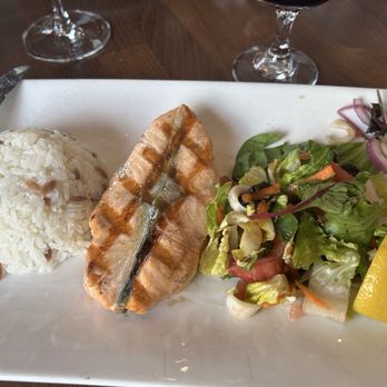 460 Bistro - Grilled Salmon, rice, and Mediterrainean salad. - Mediterranean Near Me - West Orange, New Jersey
