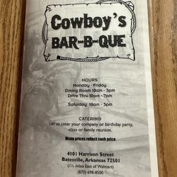 Cowboys BBQ - Front of menu