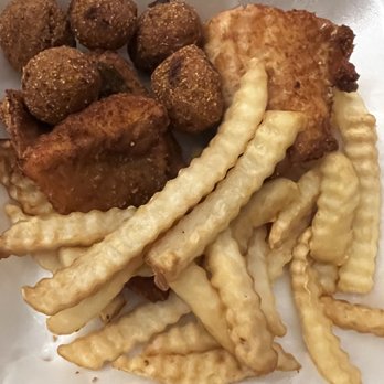 Johnson's Fish & Shrimp - Walleye meal with hush puppies and French fries (3.5/5 stars) - Seafood Near Me - Lake Station, Indiana