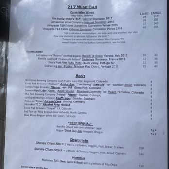 217 Wine Bar - Back of menu - Wine Bars Near Me - Estes Park, Colorado