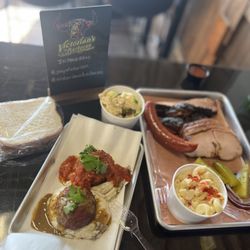 Victorian’s Barbecue - Smoked balls with mash and tray with brisket, turkey, sausage with mac and cheese