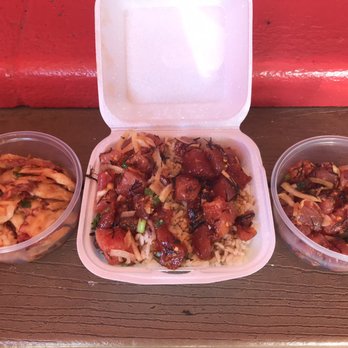 Ono Seafood - Shoyu tako, poke bowl with #1 and #3 flavors, Hawaiian ahi (from left to right). - Seafood Near Me - Honolulu, Hawaii
